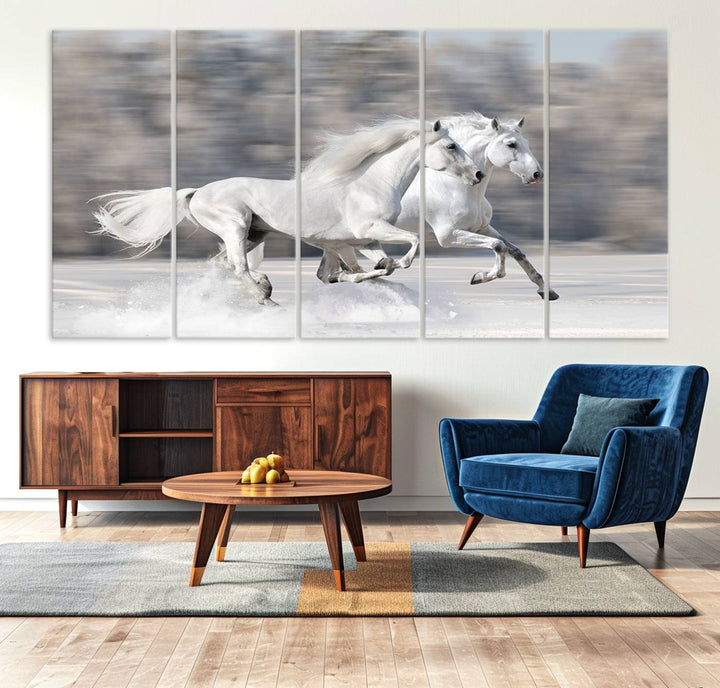 Museum-quality All The White Horses canvas print of two white horses in snow, ready to hang.