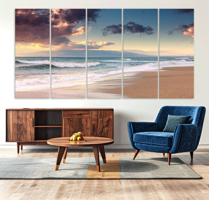 The dining area is enhanced with the Cloudy Weather Beach Sunset Canvas Print.