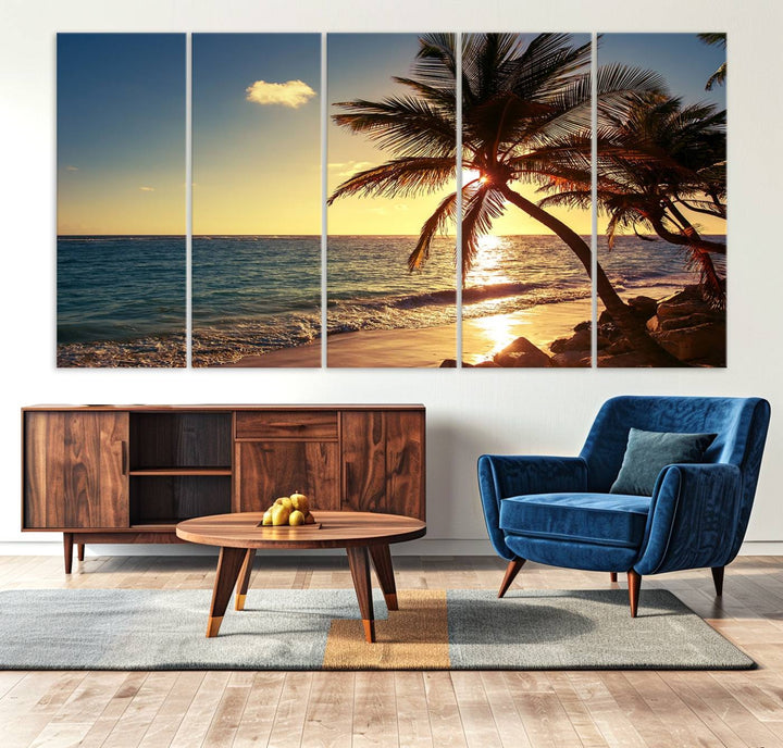 Sunset Palm Trees Wall Art Canvas Print: a serene beach scene on museum-quality canvas.