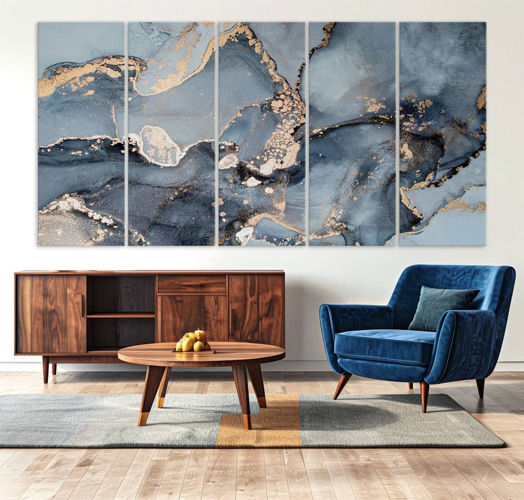 A Multipanel Marble Fluid Effect Canvas Print hangs prominently on the wall.