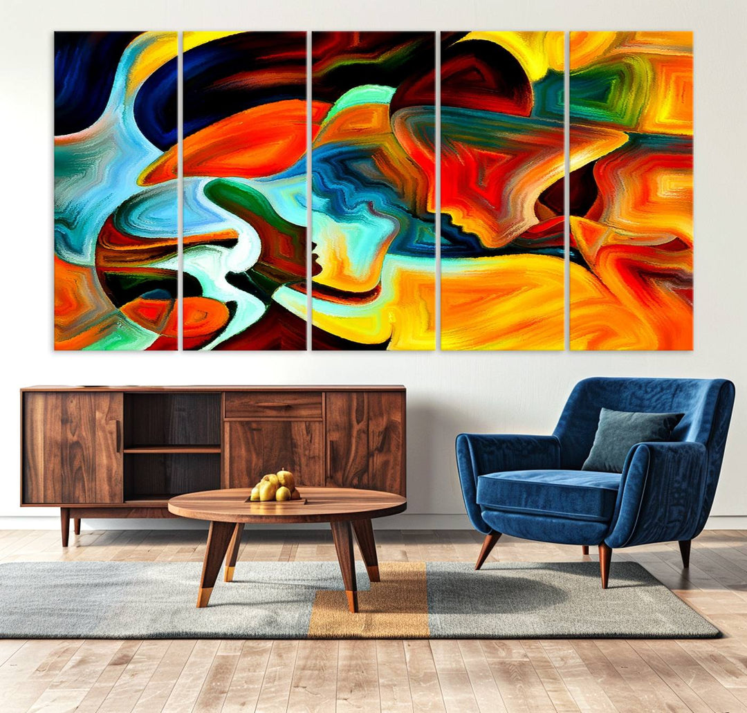 The kitchen wall features the Human Love Figures Abstract Wall Art Canvas Print.