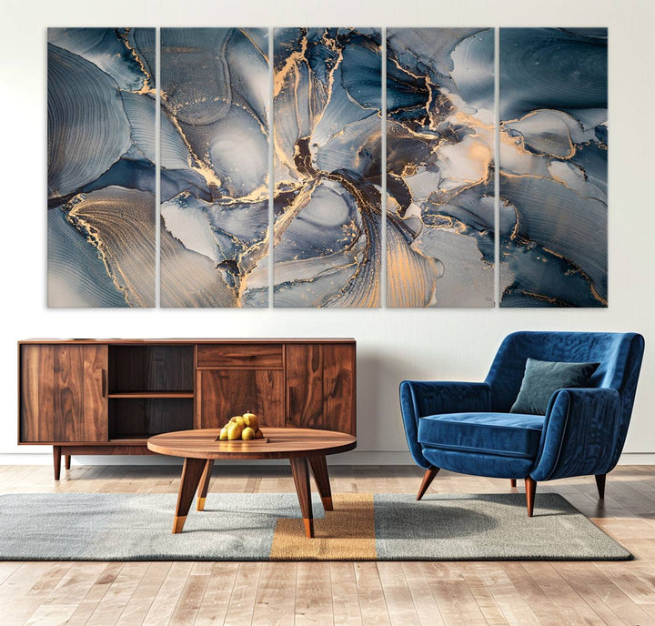 Abstract wall art canvas print is displayed prominently, adding a modern touch to the decor.