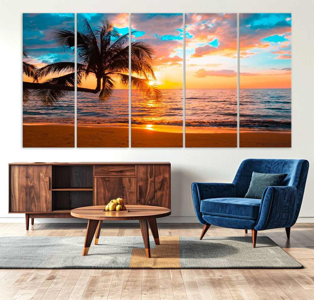 The Palm Tree Sunset On The Beach ready-to-hang canvas wall art—museum quality—brings a serene atmosphere to the room.