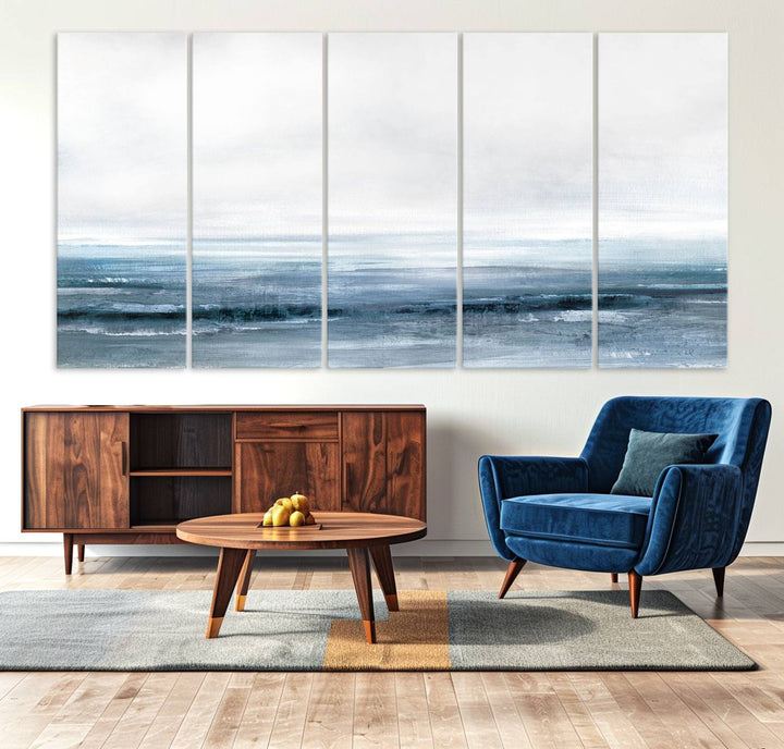 The dining area features Blue Ocean Abstract Artwork on canvas.