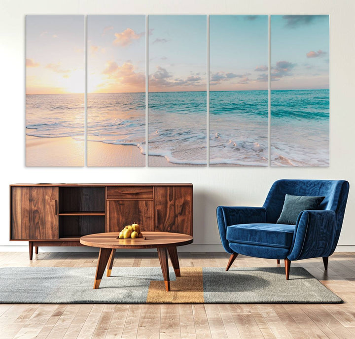 The room features a 3-panel Tranquil Ocean Beach Sunset Canvas Wall Art.