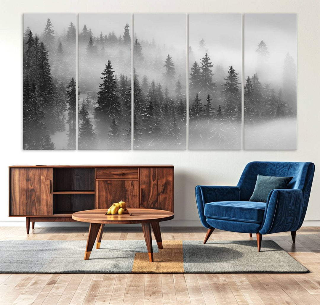 A stunning Foggy Misty Forest Canvas Wall Art adorns the kitchen wall.