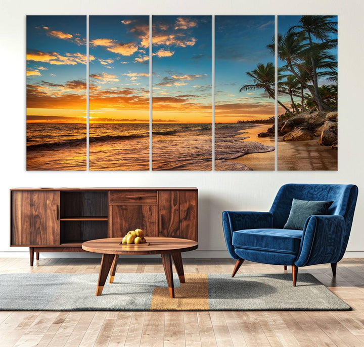 A stunning beach sunset on a museum-quality Sunset Wall Art Canvas Print adorns the kitchen wall.