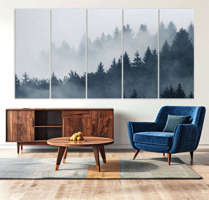 A large Foggy Pine Forest Wall Art Canvas Print.