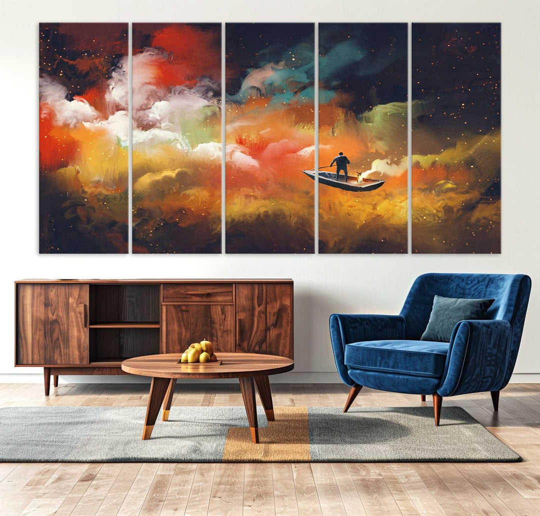 Surreal Space Adventure Canvas Wall Art features a person in a boat.