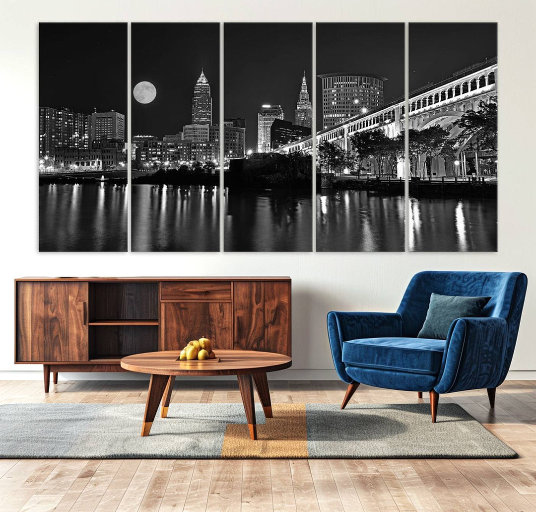 Cleveland Night Skyline Canvas Print: A museum-quality piece, ready to hang, featuring a stunning full moon and its reflections below.