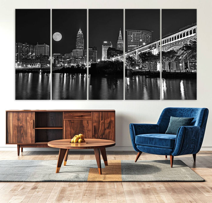 Cleveland Night Skyline Canvas Print: A museum-quality piece, ready to hang, featuring a stunning full moon and its reflections below.