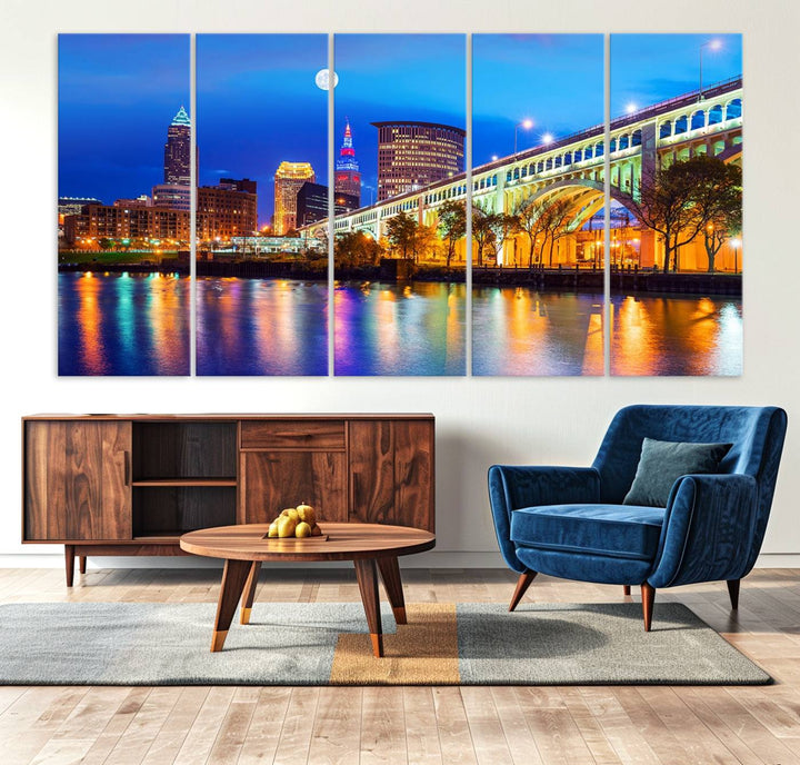 A Cleveland Night Skyline Wall Art on museum-quality canvas showcases a bridge and illuminated buildings.