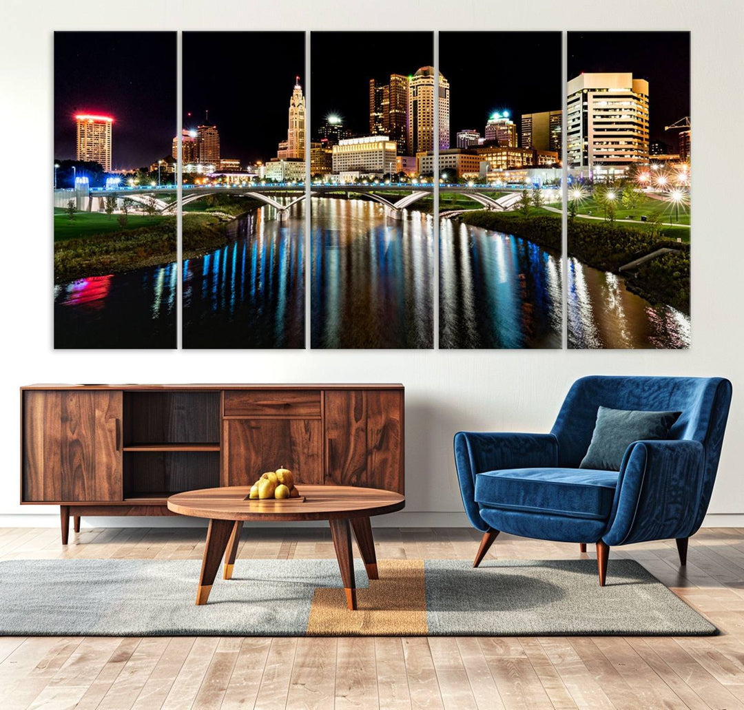 The Columbus City Lights Night Skyline Wall Art Canvas Print adorns the wall.