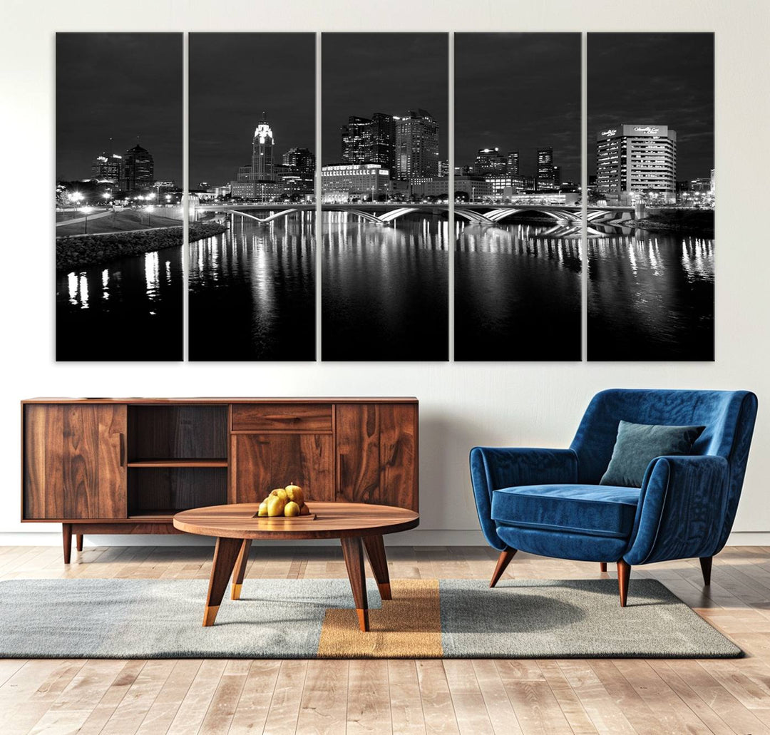 Columbus City Lights Skyline canvas print in black and white, featuring museum-quality craftsmanship and free shipping.