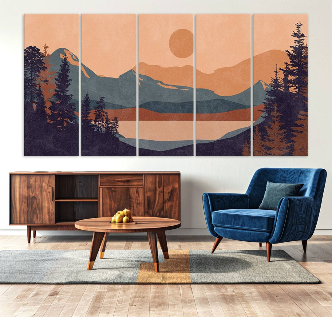 The Modern Boho Sunset Triptych displays a mountain sunset.