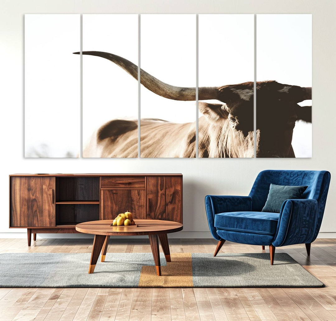 A 3-panel Texas Longhorn canvas adds a touch of rustic Western decor.