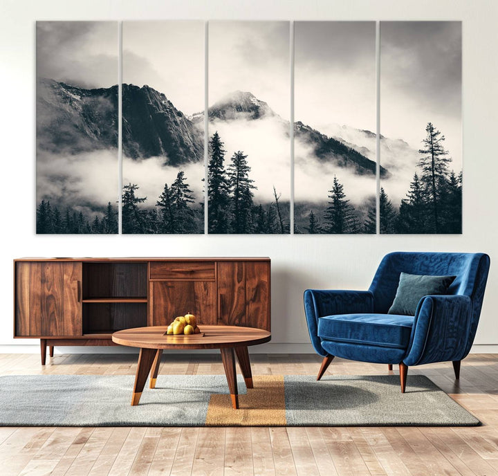 A large foggy mountain forest canvas print hangs prominently in the room.