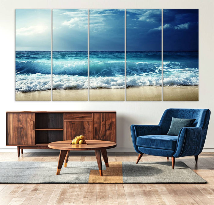 The Majestic Ocean Wave Wall Art Canvas, a 3-panel seascape print, is featured prominently.