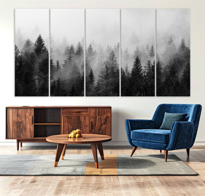 Fogy Forest Canvas Art features misty pines and a mountain landscape.