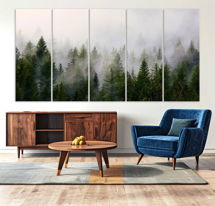 A serene, foggy evergreen forest creates a mysterious atmosphere, ideal for premium canvas wall art.