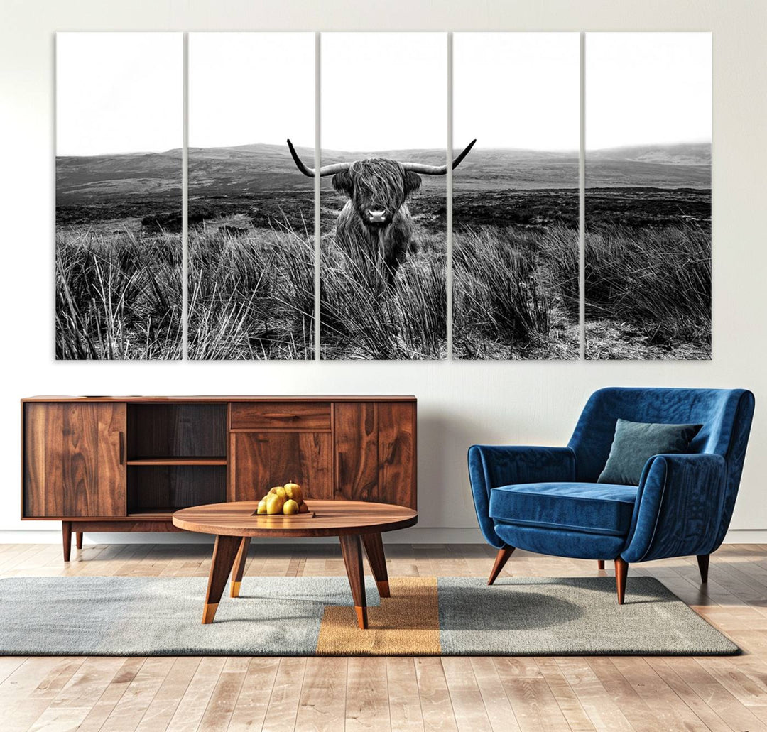 Dining room featuring a Black and White Highland Cow Canvas for a Western-themed decor.