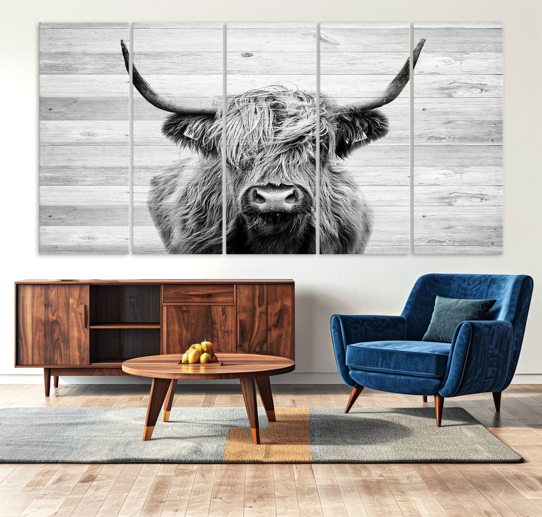 Scottish Highland Cow Cattle Art adds rustic farmhouse charm to the space.