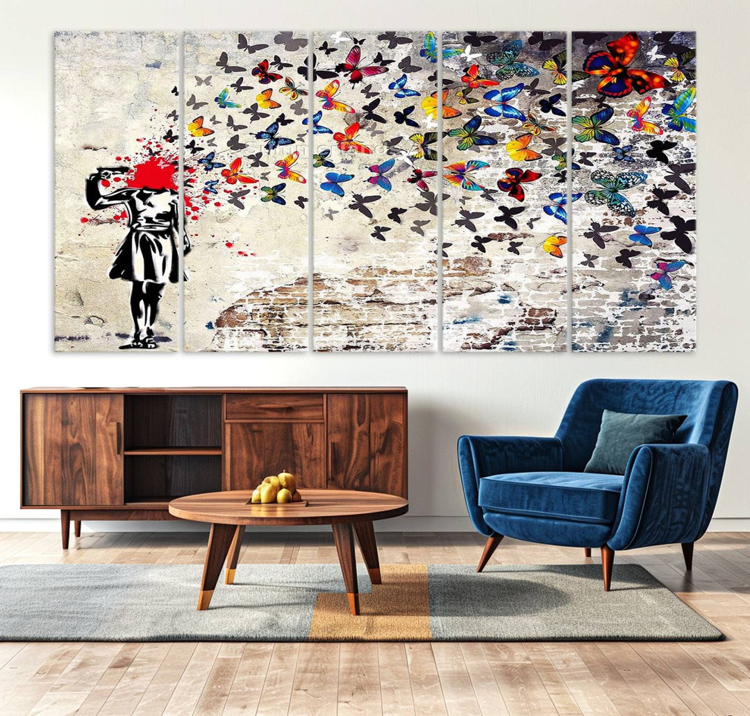 Banksy Art Butterfly Girl Explosion: Vibrant urban graffiti canvas for modern interiors, ready to hang.