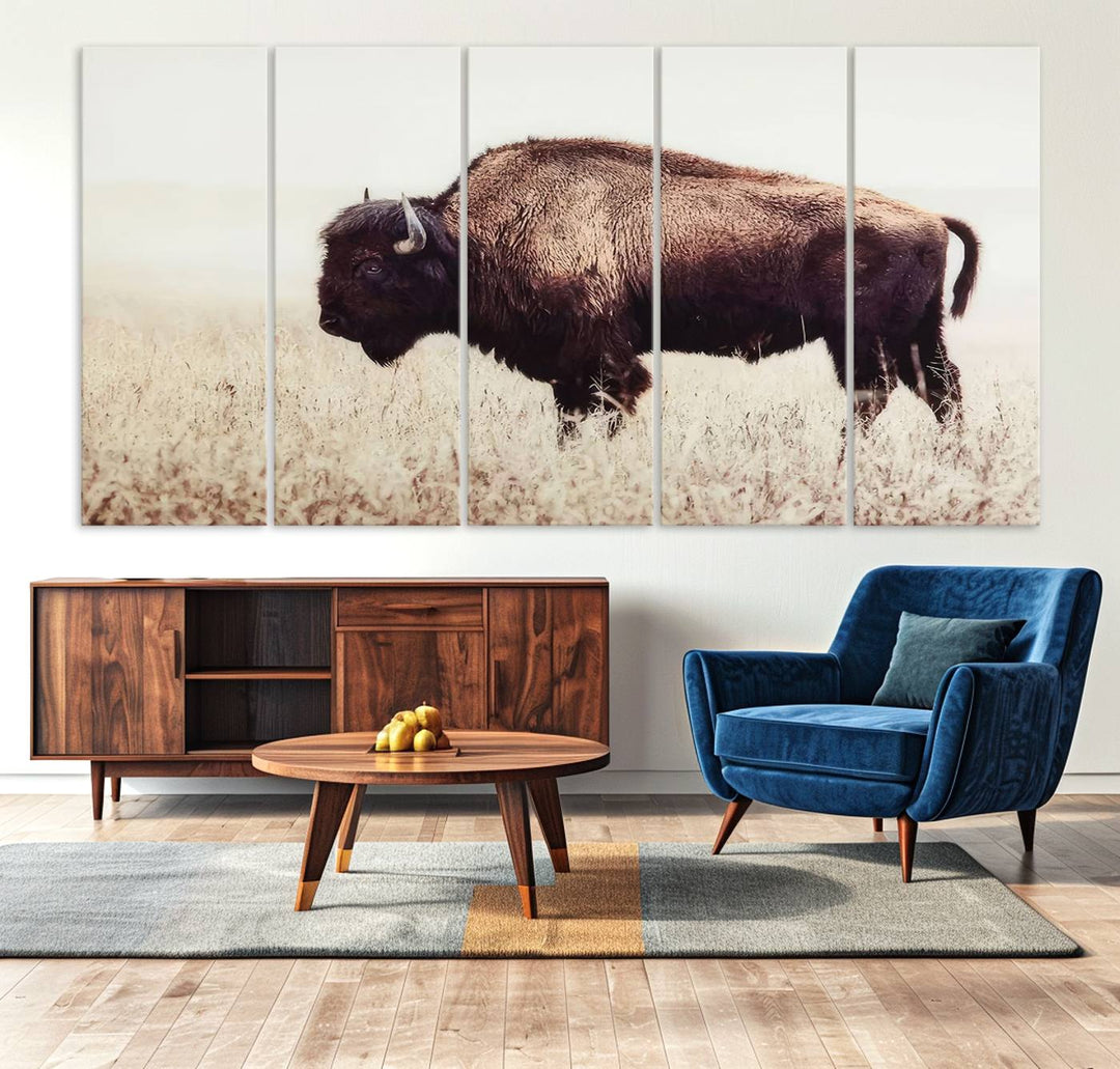 The dining room showcases the Bison in Field canvas print.