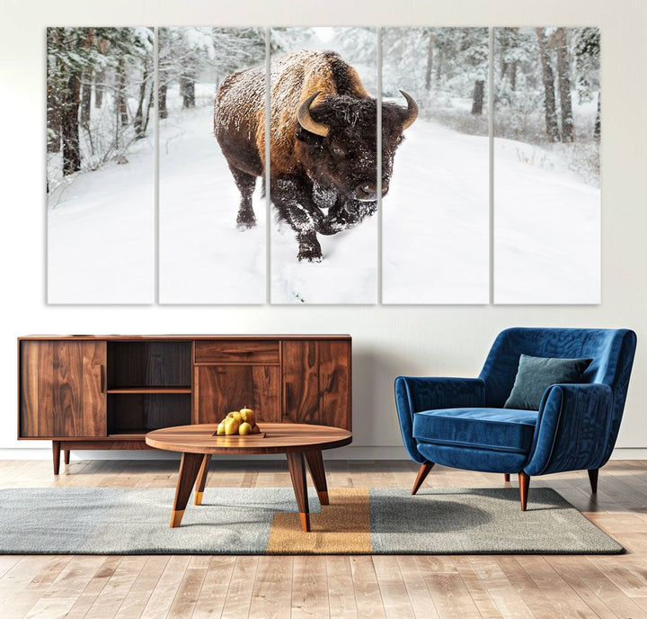 The dining area showcases the Bison Wall Art Canvas Print for Farmhouse.