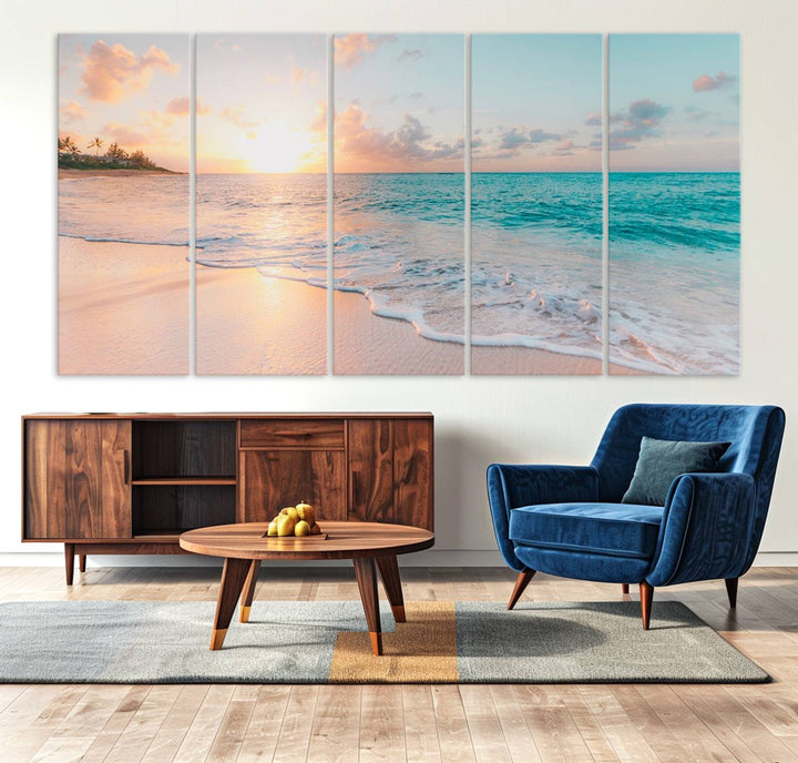 The kitchen features the Beach Sunrise Wall Art, Coastal Sunset Beach Scene.