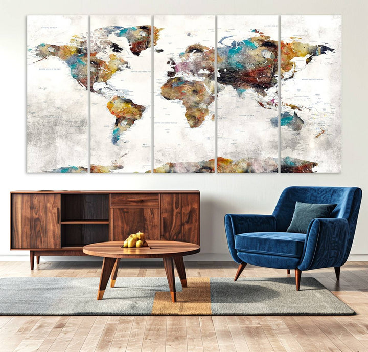 The Colorful World Map Wall Art Canvas Print adds vibrance to the space, ideal for geography lovers.