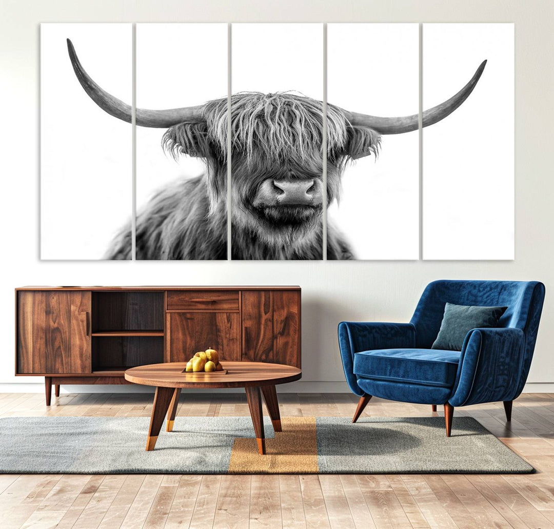 A Scottish Highland Cow Art Canvas adds charm to the farmhouse decor.