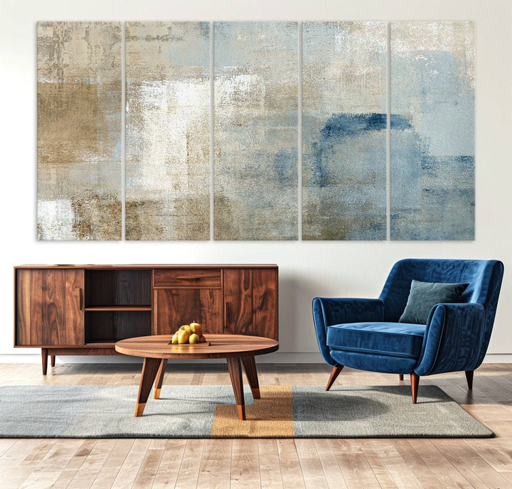 Abstract Blue and Beige Wall Art canvas print set with a modern minimalist aesthetic.