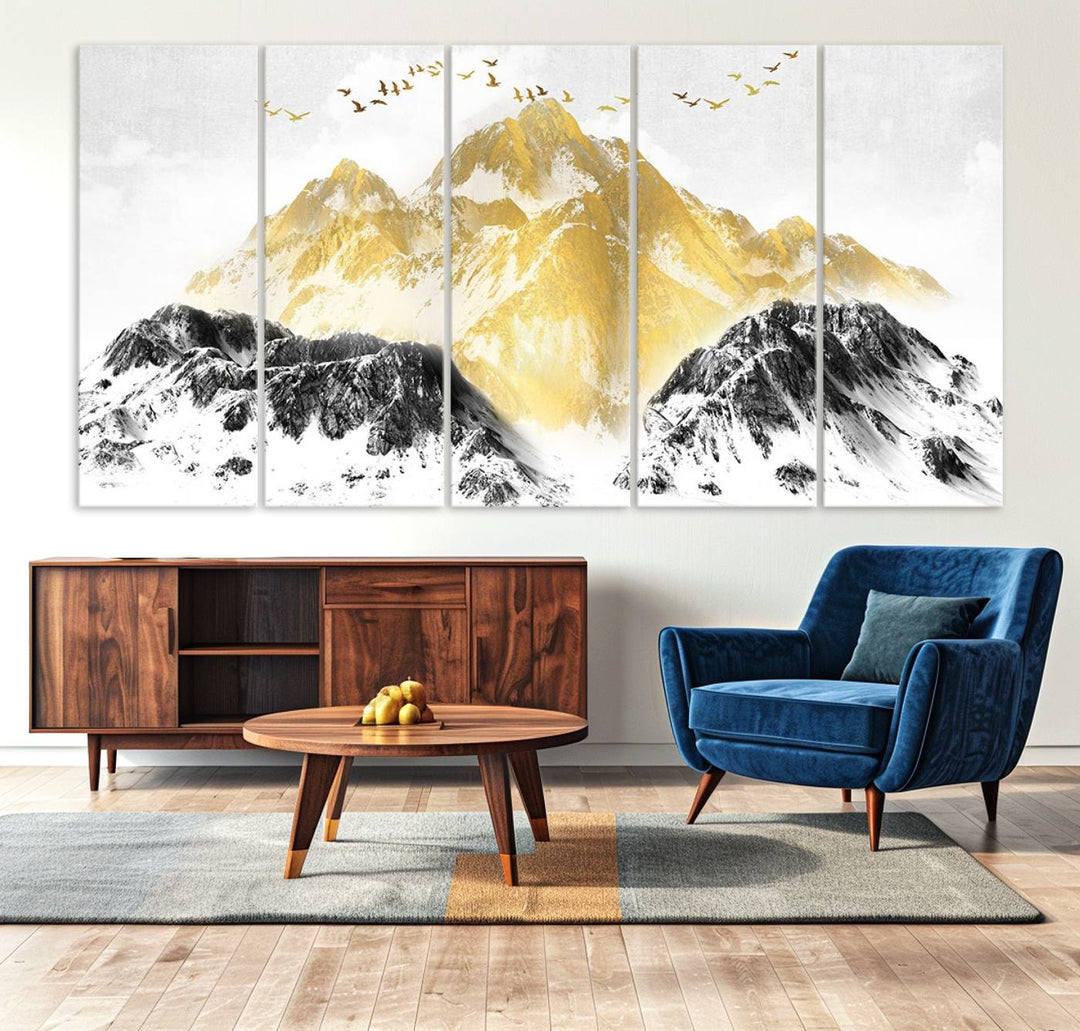 Golden Mountain Triptych Wall Art features gold-tinted mountains and birds.