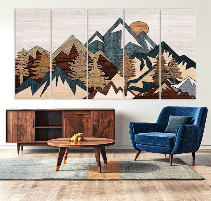 A Woodland Mountain Landscape Triptych serves as the centerpiece of the rustic decor.