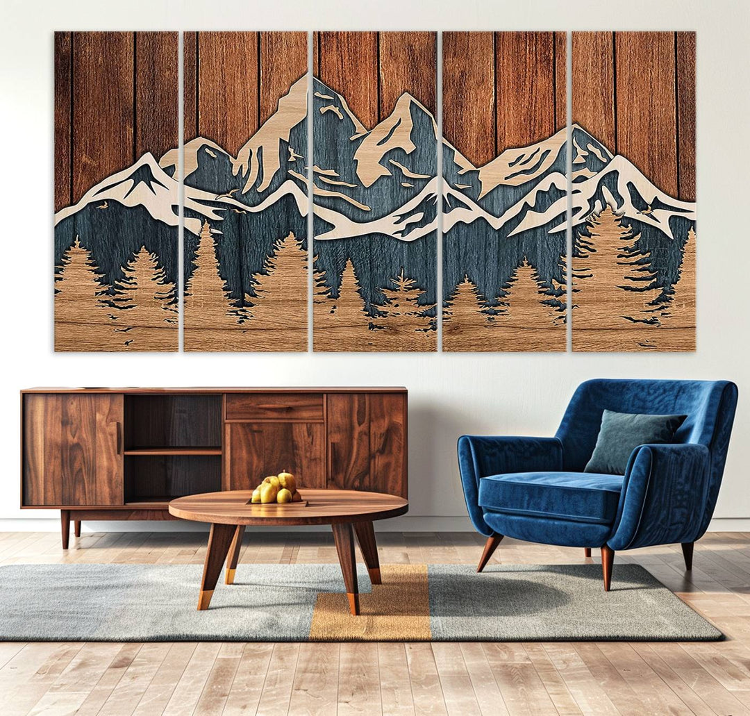 Rustic Wood Style Mountain Wall Art hangs on the wall.