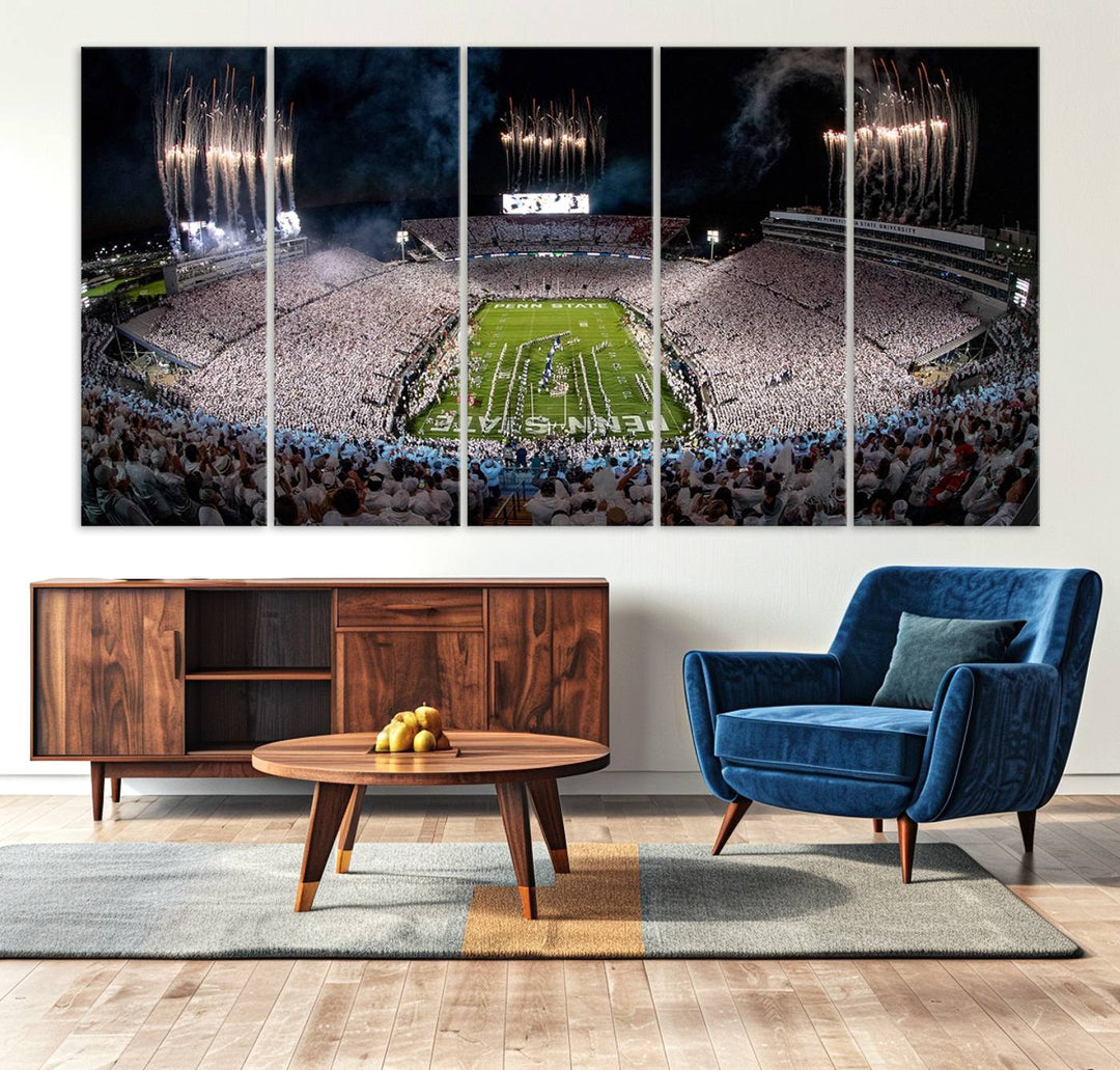 The perfect Penn State Football canvas wall art features a depiction of Beaver Stadium filled with fans in white, with fireworks exploding above.