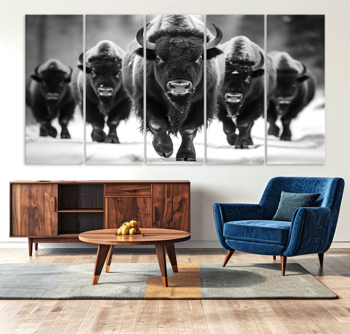 A black and white American Bison herd canvas print adorns the wall.