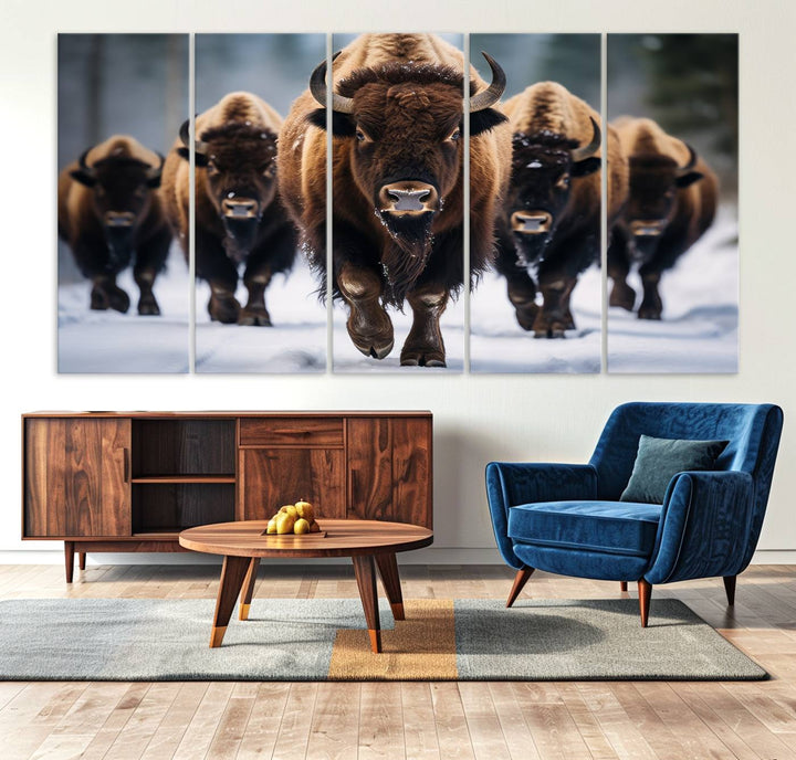 The dining room features an American Bison Herd Canvas Print against the snow.