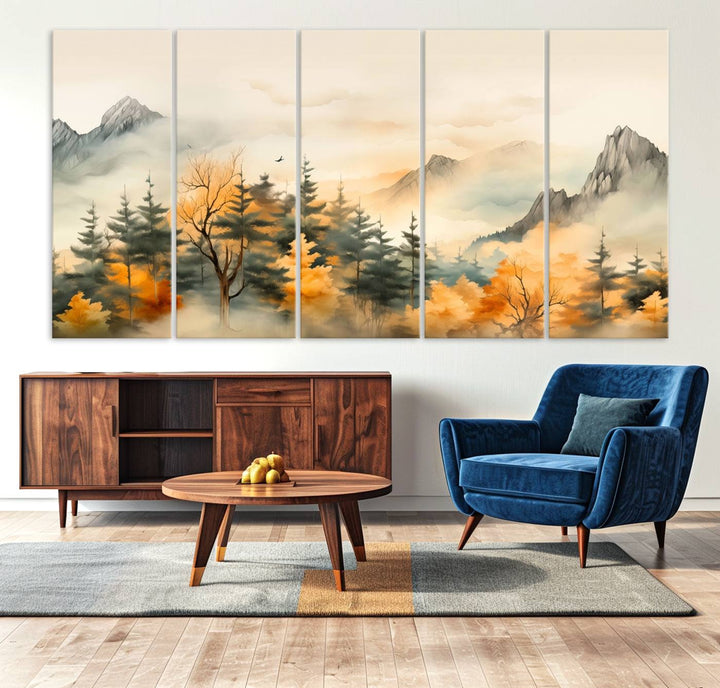 A wall art of Abstract Watercolor Mountains and Trees Autumn on museum-quality canvas.