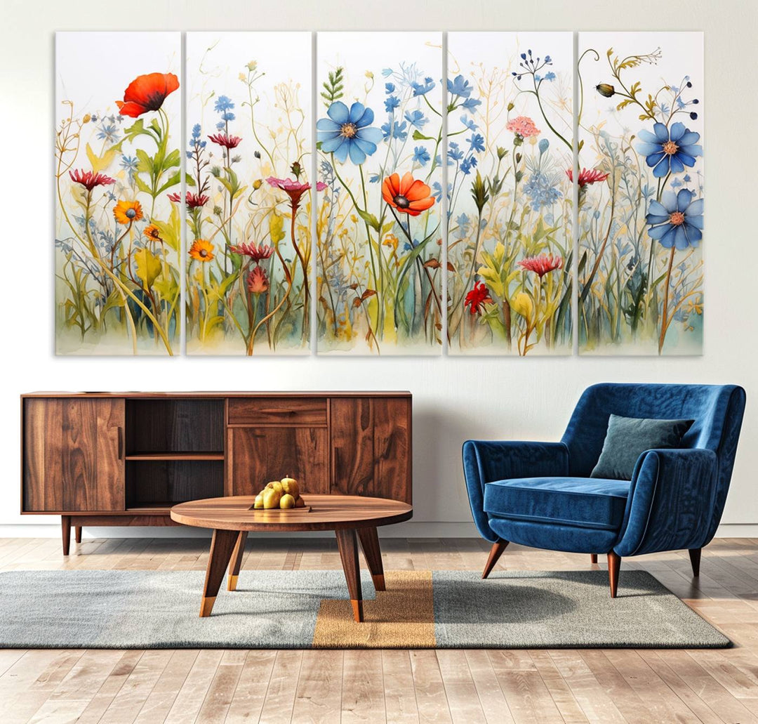 The vibrant Colorful Wildflower Canvas Wall Art adorns the wall.