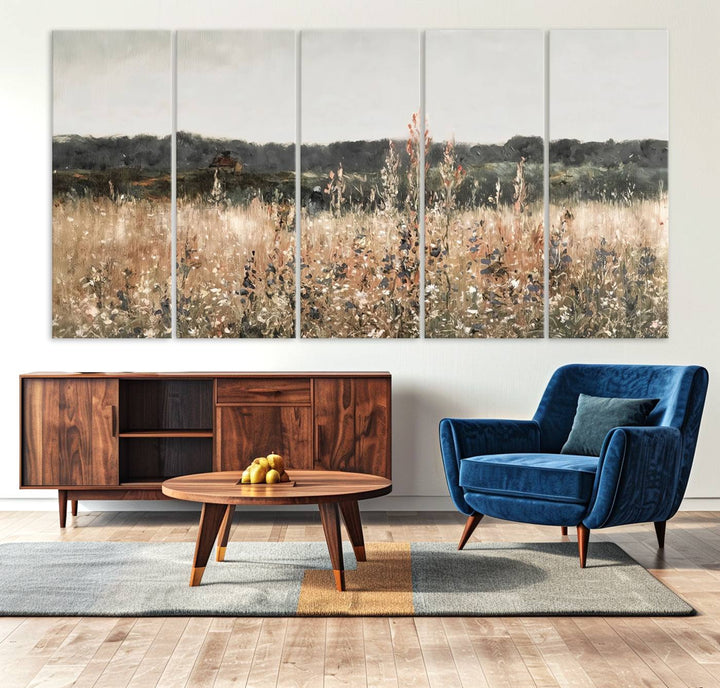 A dining room featuring the Abstract Wildflower Art Field Landscape Oil Painting Print.