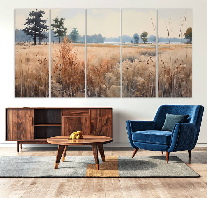 The Golden Fields Canvas Art Print, depicting a serene landscape, adds tranquility with its presence.