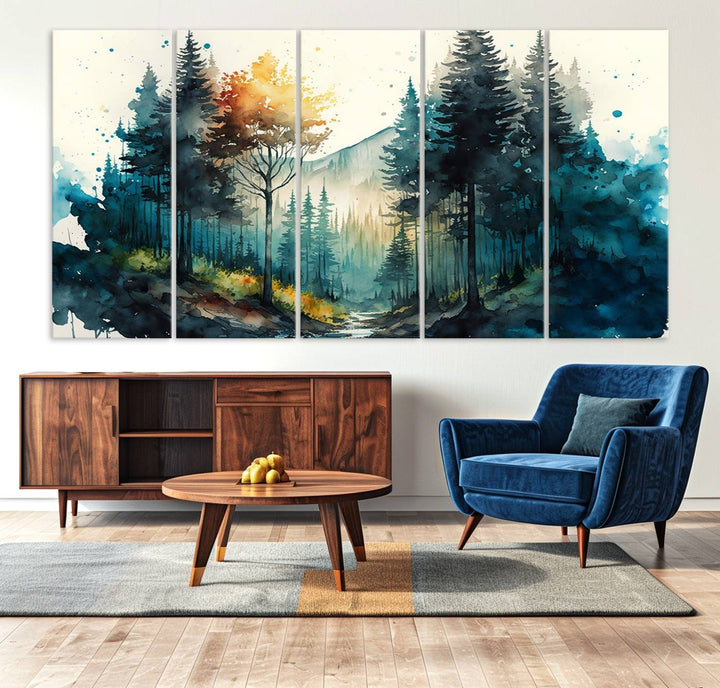 The Watercolor Trees Forest Abstract canvas print is displayed prominently.