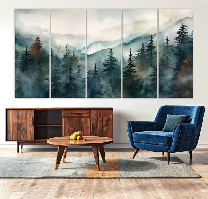 Serenity Forest Wall Art Canvas above the table adds a nature-inspired vibe to the space.