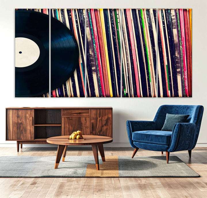 The Vinyl Record and Album Collection Canvas above the dining table enhances the modern kitchen, creating a perfect aesthetic for vintage vinyl lovers.