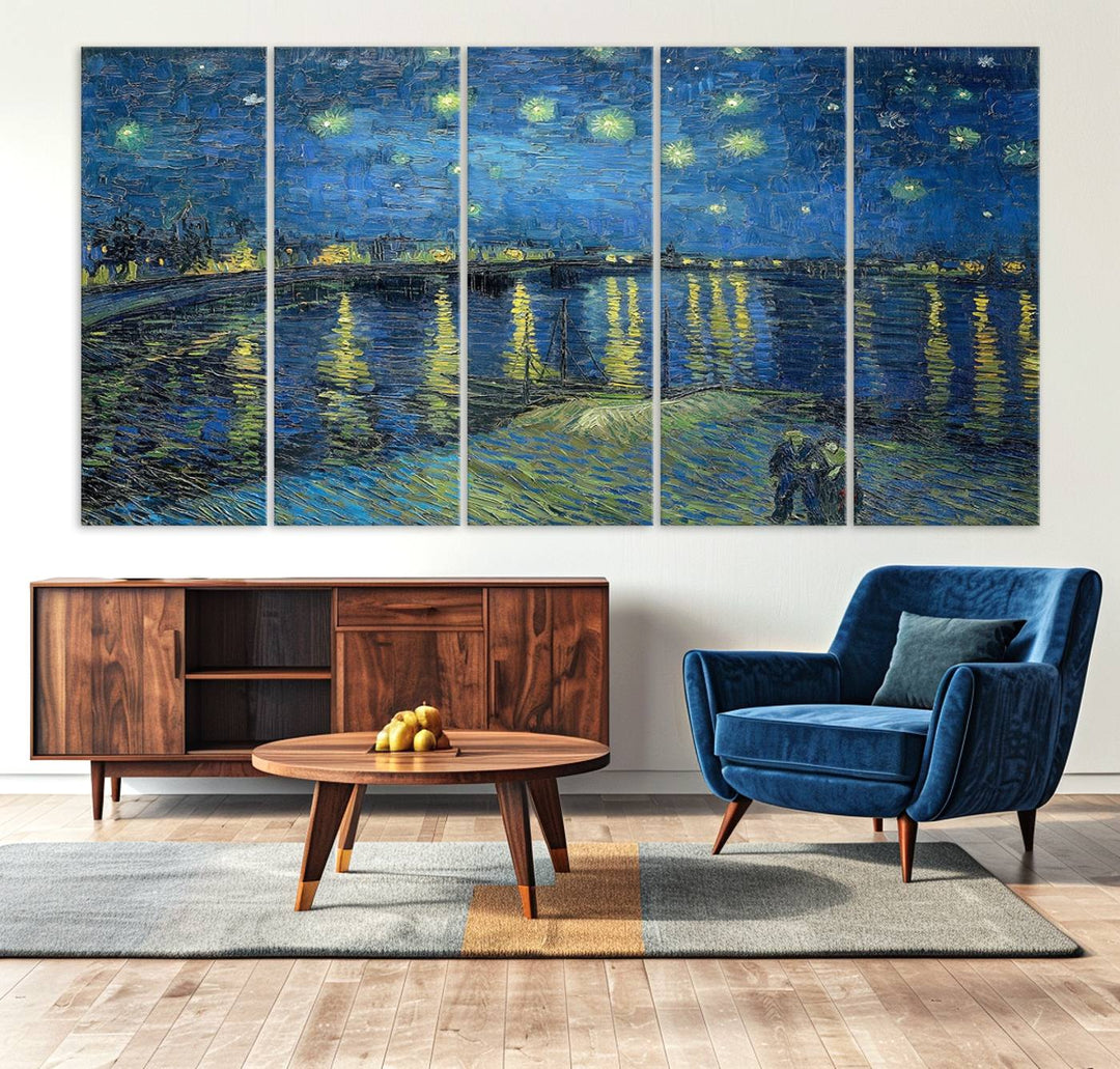 A Vincent van Gogh Starry Night over the Rhone canvas print is displayed on a porch.