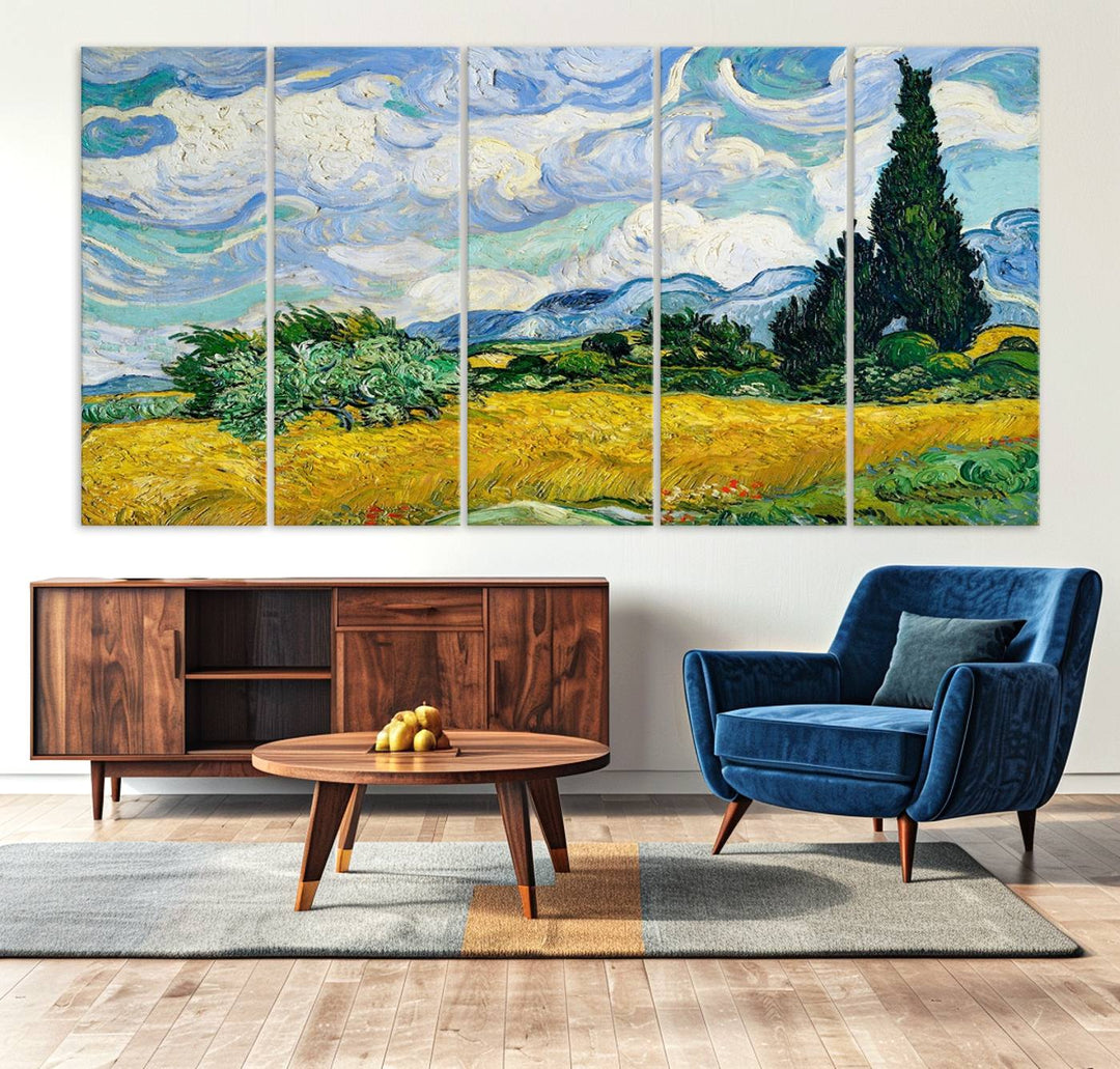 A kitchen featuring Wheatfield With Cypresses Van Gogh canvas wall art.