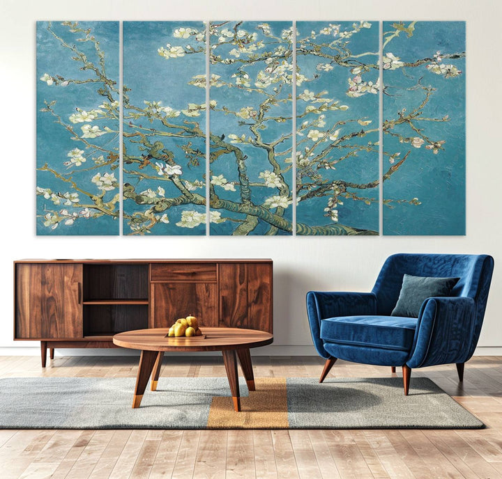 The wall art, Vincent Van Goghs Almond Blossom, stands out with its vibrant depiction against a serene blue background.