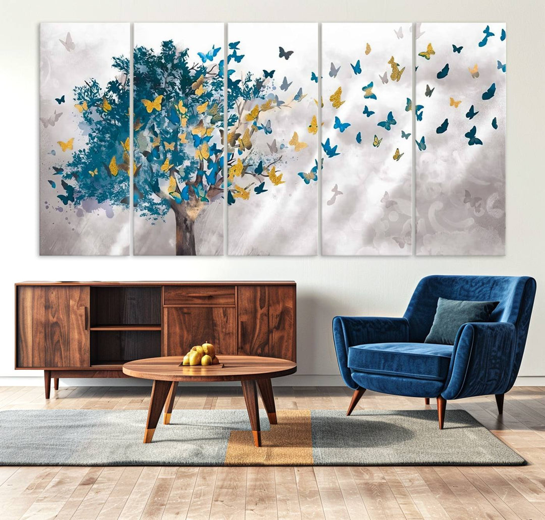 The modern dining room features Tree Butterfly Abstract Wall Art, adding a touch of nature-inspired decor.